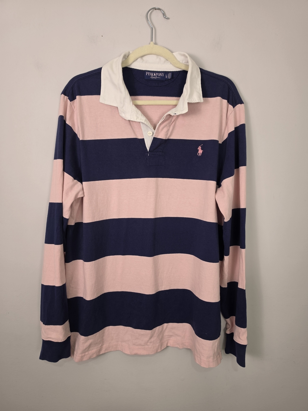 Polo Ralph Lauren Men's Classic Fit Rugby Long Sleeve Polo Shirt Pink Blue Sz L